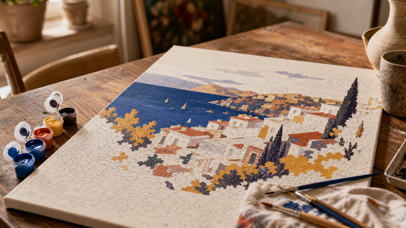 Tela di pittura a numeri di un paesaggio costiero italiano in lavorazione, con pennelli e barattoli di colore